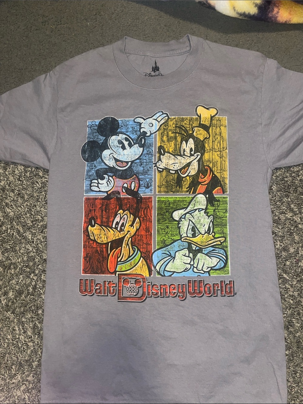 Disney Purple Graphic Tee with Blue and Yellow Character Panels